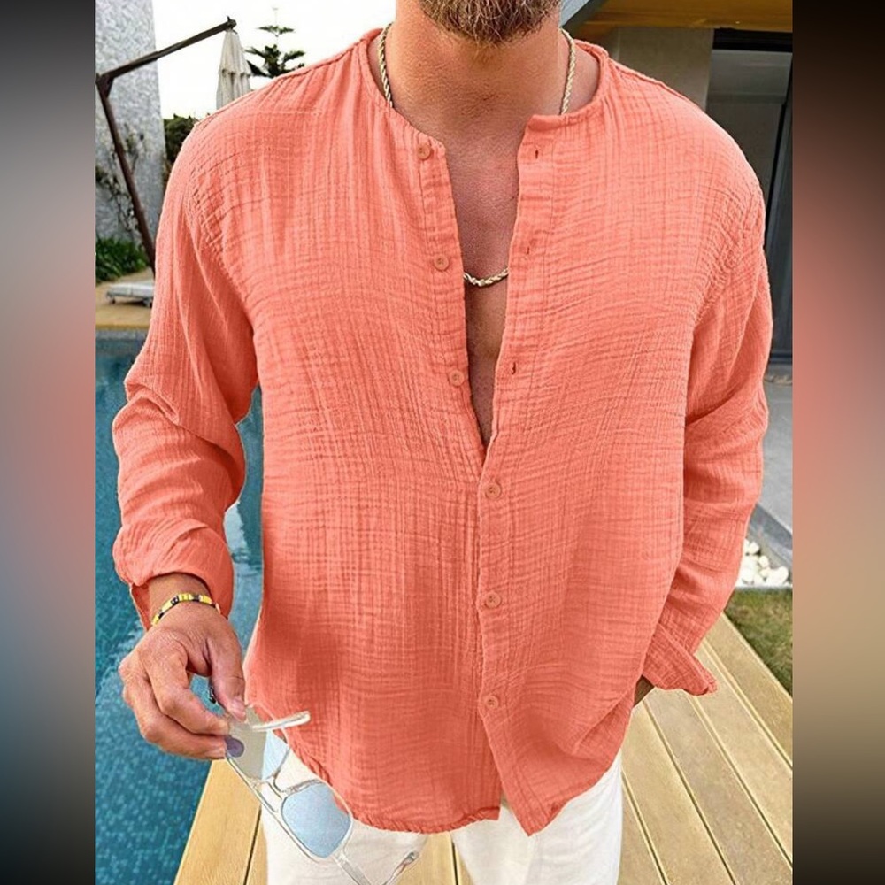 - Homme Loose Fit Men's Solid Color Button Up Shirt